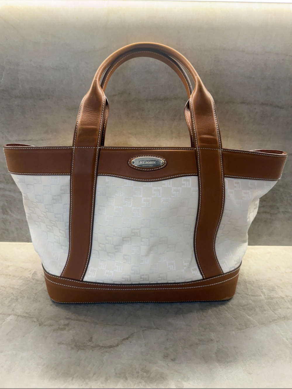 St. John White Canvas Tote with Brown Leather Trim